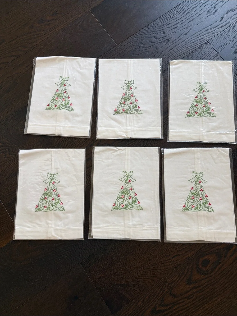 Lady Primrose set of 6 - Embroidered Holly Tree White Linen Tea Towels